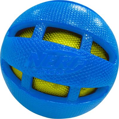 Nerf Dog TPR checker squeak and crunch ball dog toy, 3.8 inch, blue and green