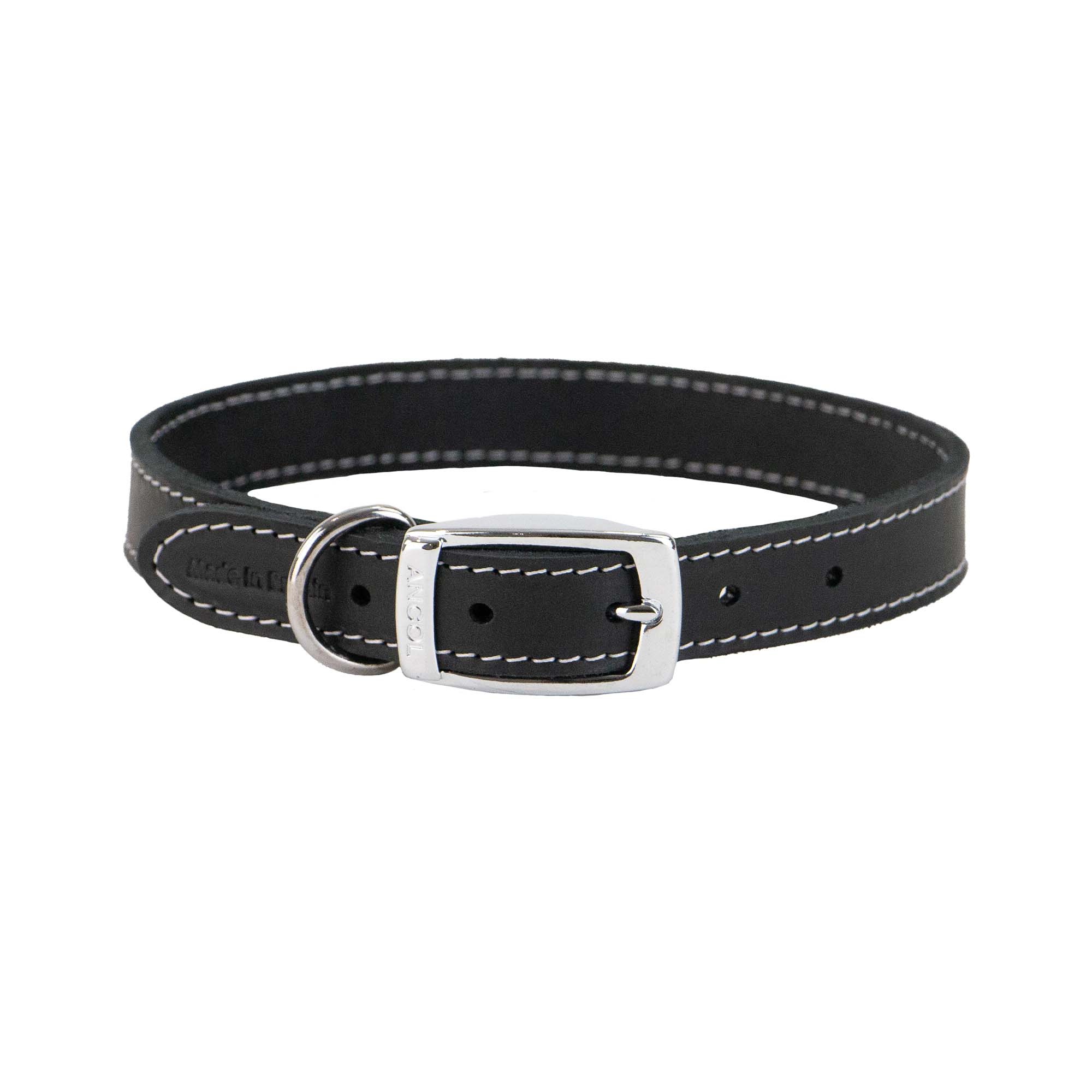 Ancol Heritage black bridle leather dog collar, buckled, with contrast stitching