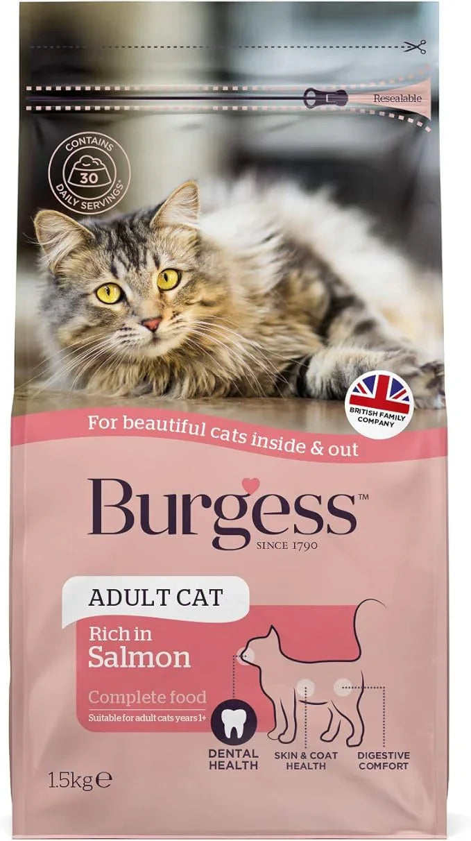 Burgess Dry Cat Food for Adult Cats Rich in Salmon, 1.5 kg