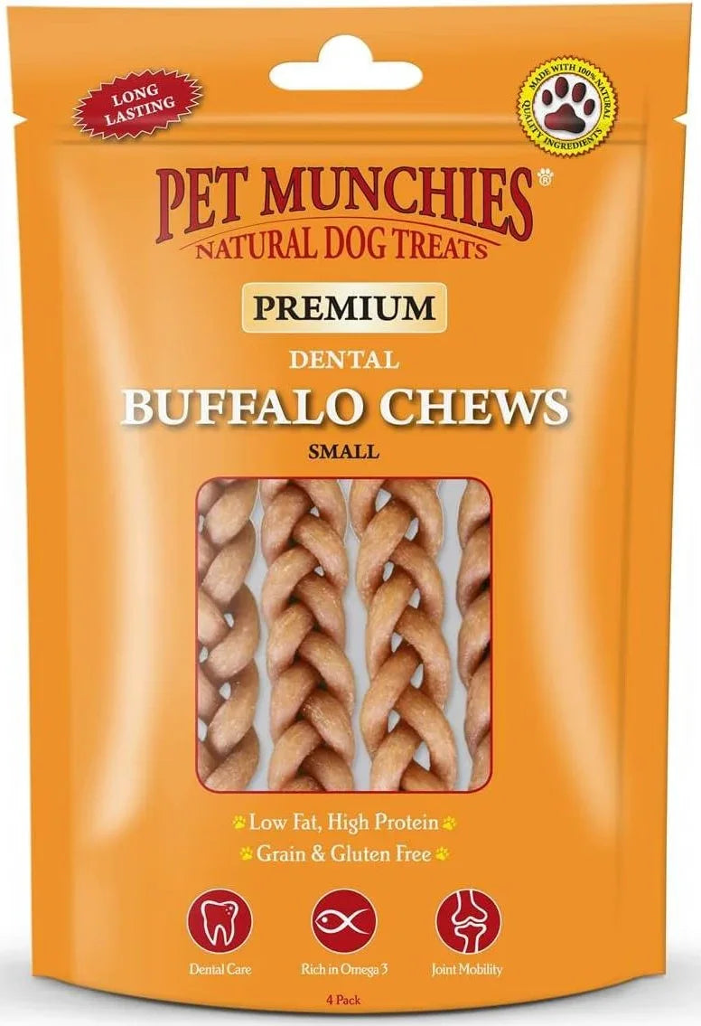 Pet Munchies Small Buffalo Dental Chews, Healthy, Natural and Long-Lasting Dog Treats, Grain Free and Low in Fat 55g (4 Chews)