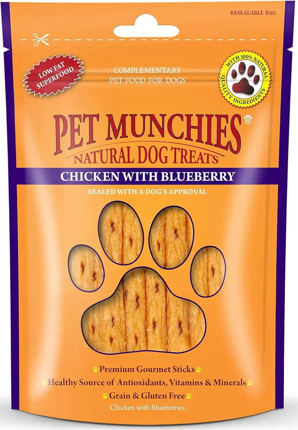 Pet Munchies Chicken with Blueberry Sticks Dog Treats, Healthy Grain Free Dog Chews with Natural Real Meat, Low in Fat and High in Protein 80g