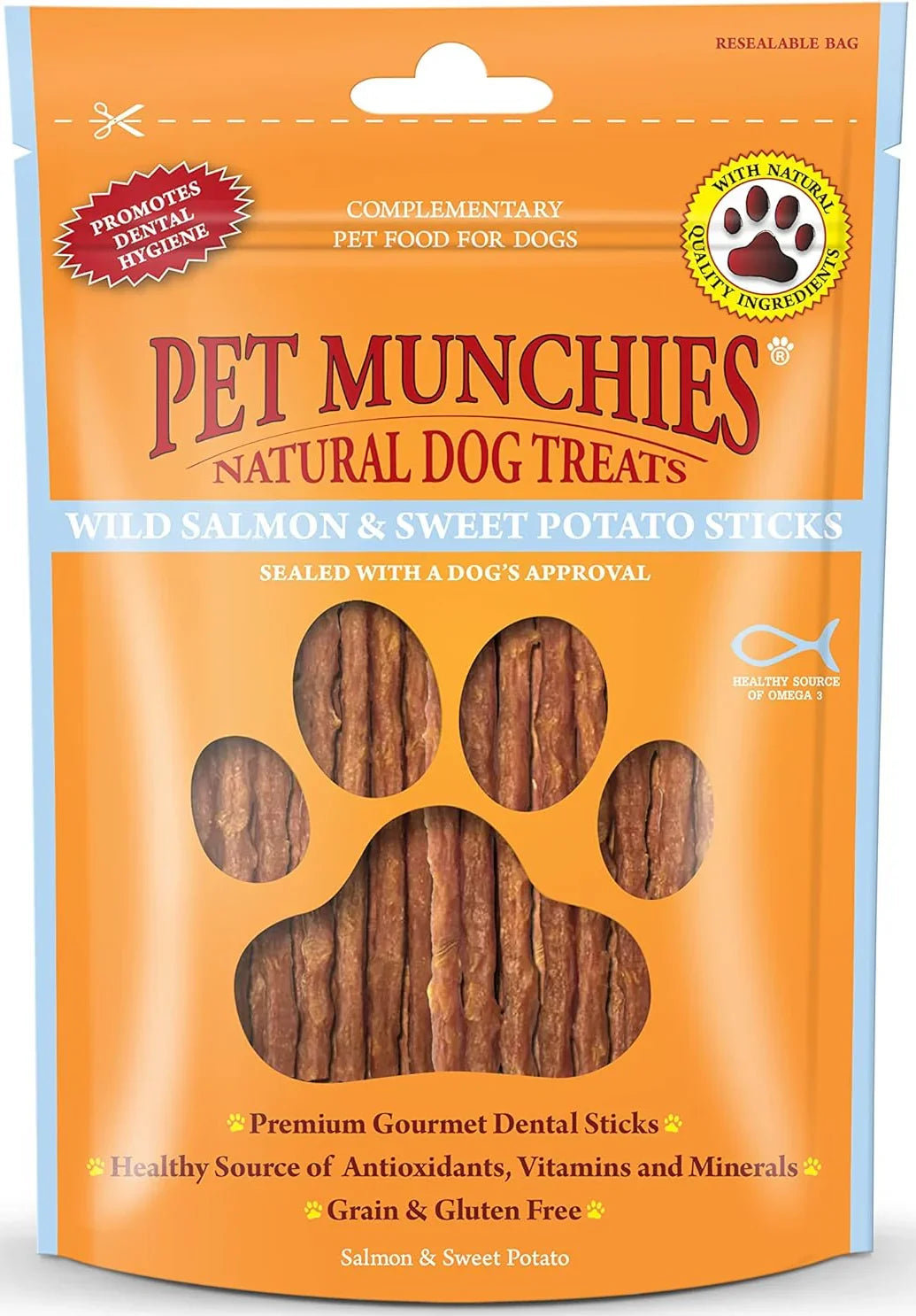 Pet Munchies Wild Salmon and Sweet Potato Dog Treats, Healthy Grain Free Dental Sticks with Natural Real Meat 90g