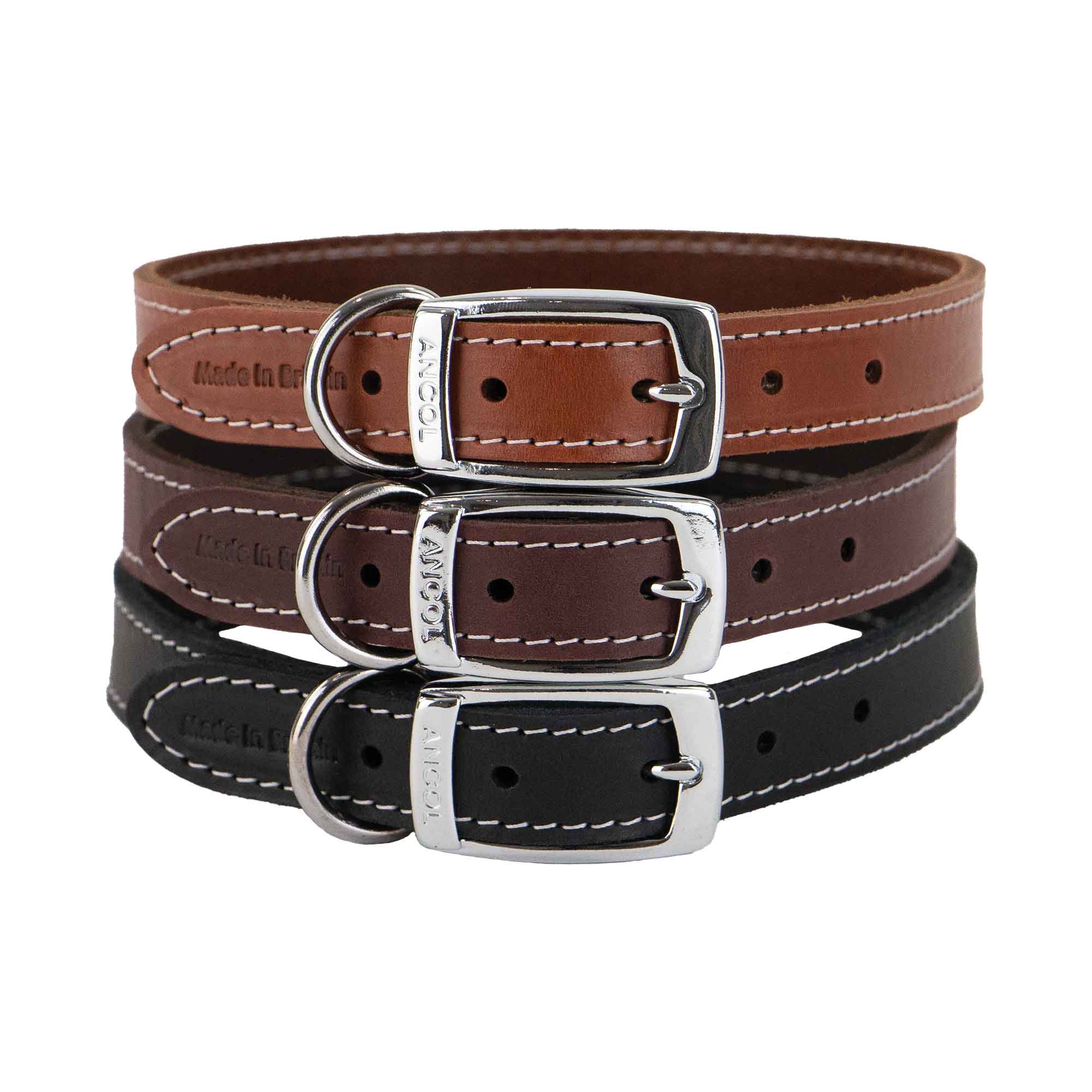 Ancol Heritage leather collars stacked in tan, oxblood and black