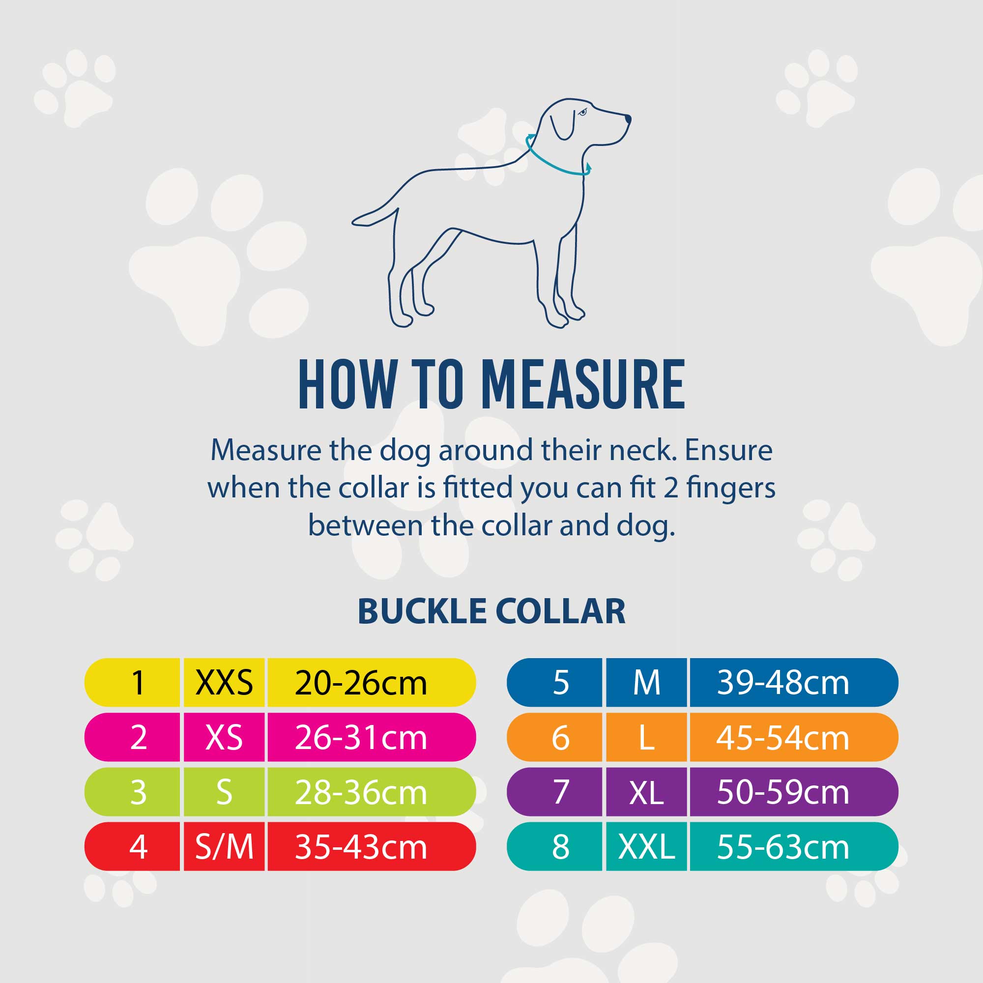 Ancol buckle collar size chart showing size 4 fits necks of 35 to 43cm