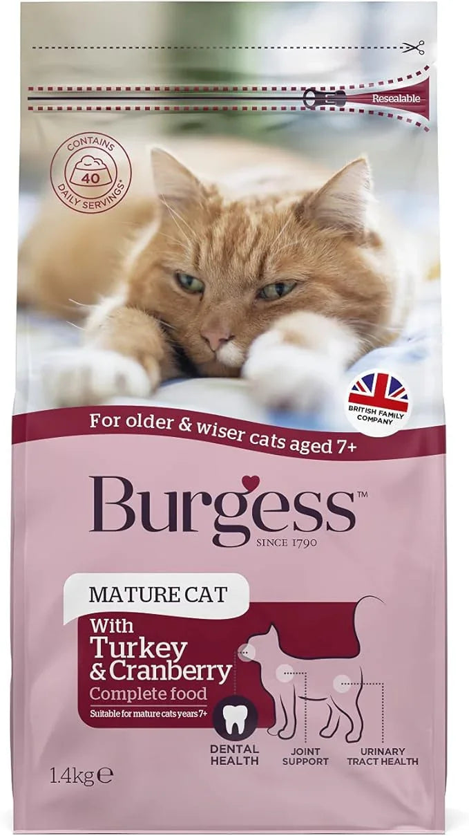 Burgess Dry Cat Food for Senior Cats with Turkey and Cranberry, 1.4 kg