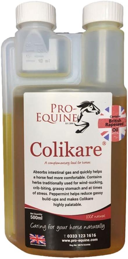 Pro-Equine Colikare horse colic supplement (500ml). Gently aids relief of horse colic symptoms, helps to reduce uncomfortable bloat. Eases stomach cramps.
