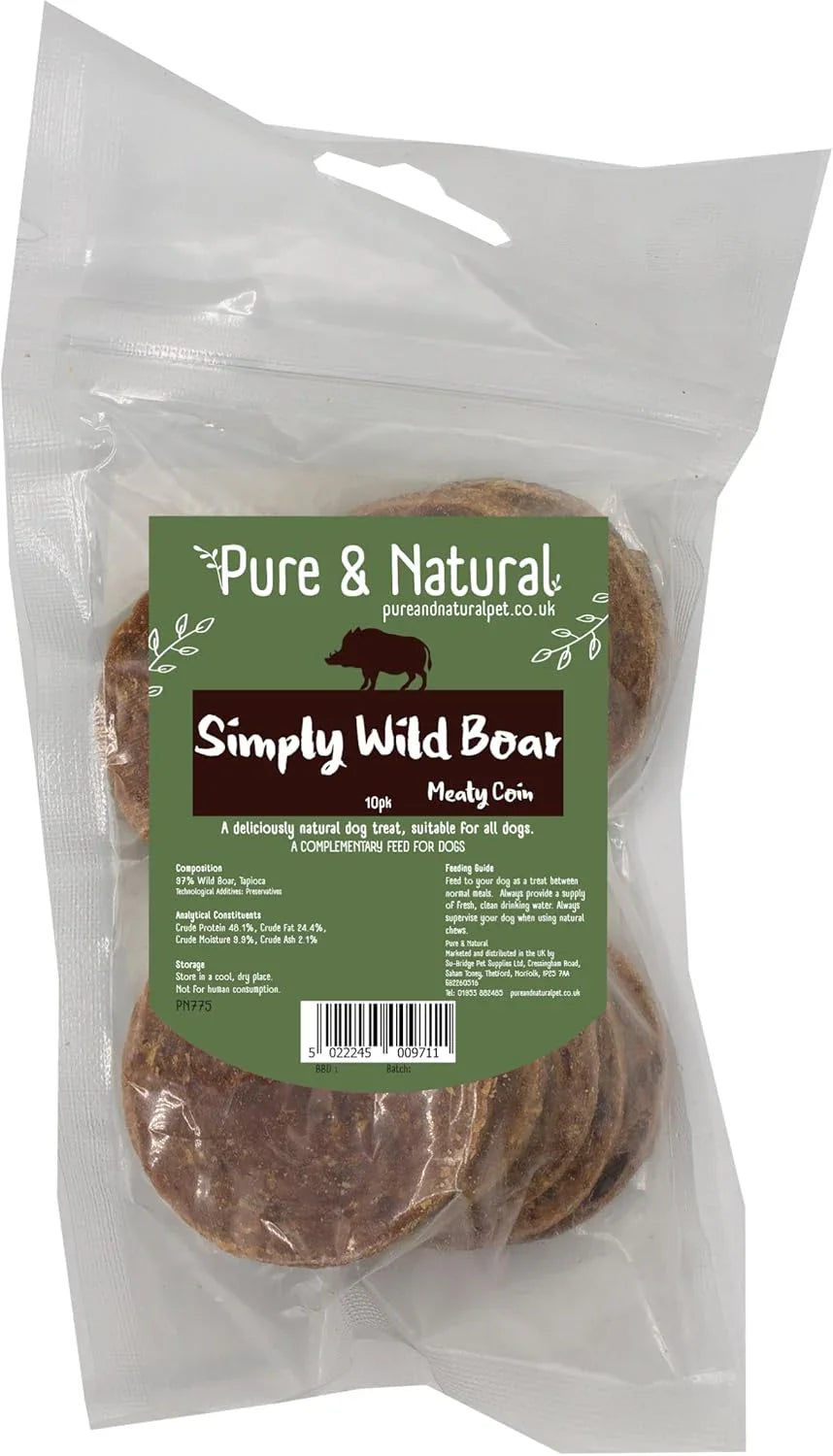 Pure & Natural Meaty Coins - Grain Free Dog Treats in 9 Flavours | Natural Training Treats for Dogs Healthy Dog Chews & Jerky for Dogs - Wild Boar, 10 Coin Bag