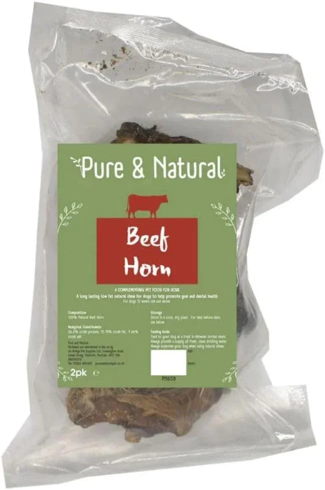 Pure & Natural Beef Horns for Dogs - Dog Chews Long Lasting Natural, Hypoallergenic, Grain Free, Dog Treats for Large Dogs & Small Dogs - Pack of 2