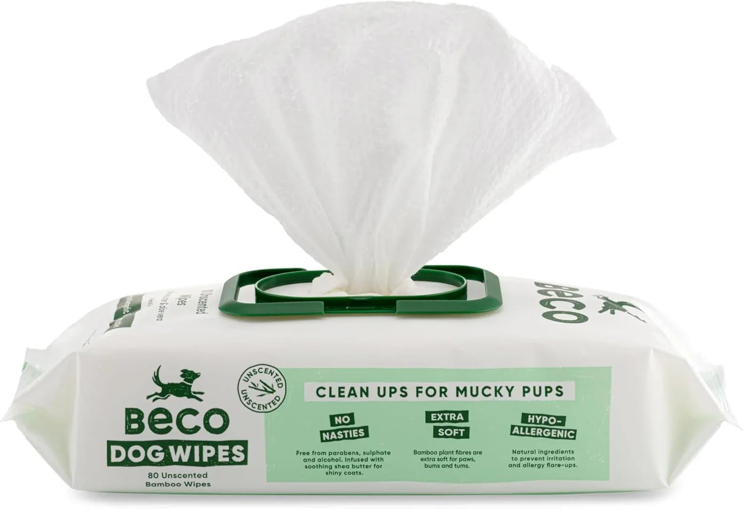 Beco Bamboo Dog Wipes - Plastic Free Home Compostable, 80 Wipes, (Unscented)
