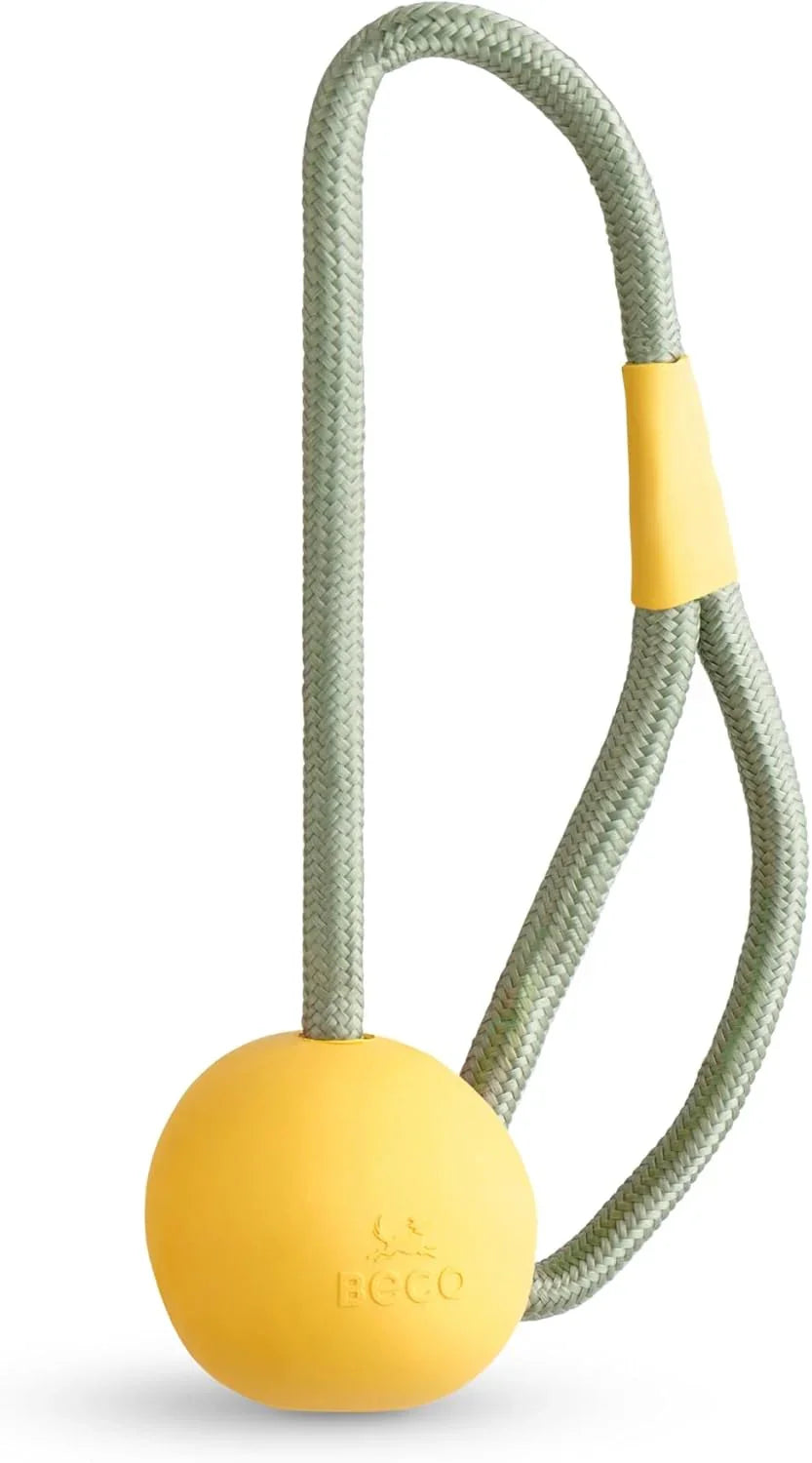 Beco Slinger Ball - Natural Rubber Ball on a Rope Toy for Dogs - Yellow