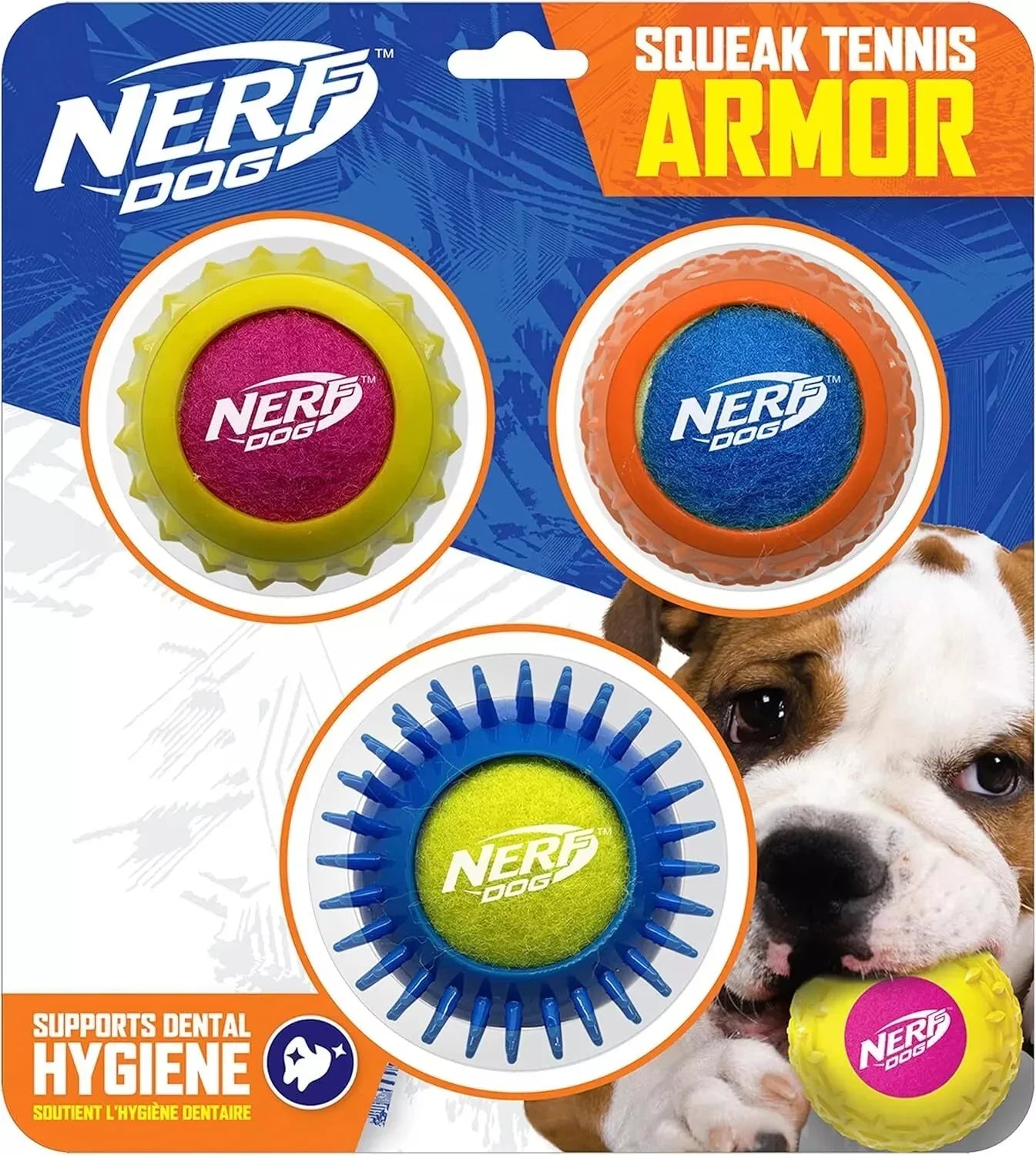 Nerf Dog Rubber Squeak Tennis Armor 2.5In 2Pk Yellow/Pink & Blue/Green