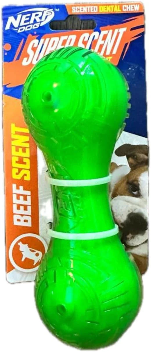 Nerf Dog Scented Beef Super Scent Barbell Solid Core 7In Green/Clear