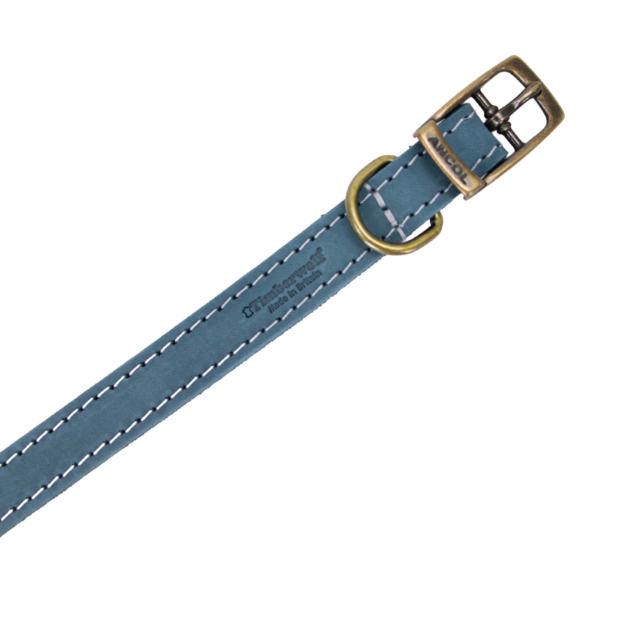 Close-up of the blue Timberwolf strap showing the buckle and stitching down both sides