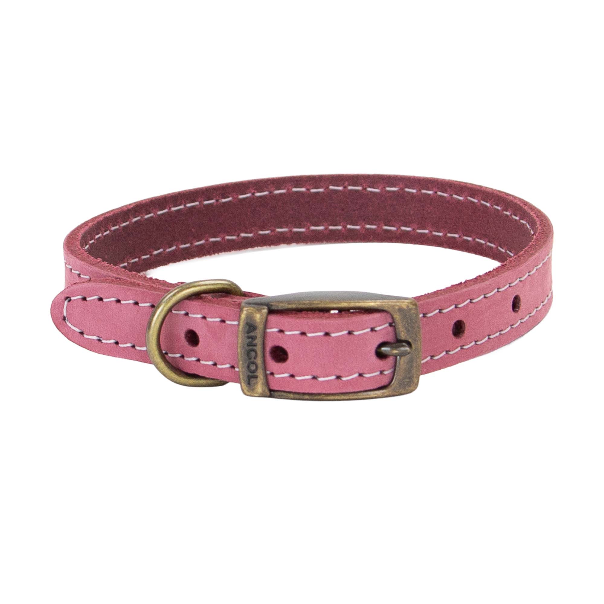 Ancol Timberwolf raspberry bridle leather dog collar, buckled, with pale contrast stitching