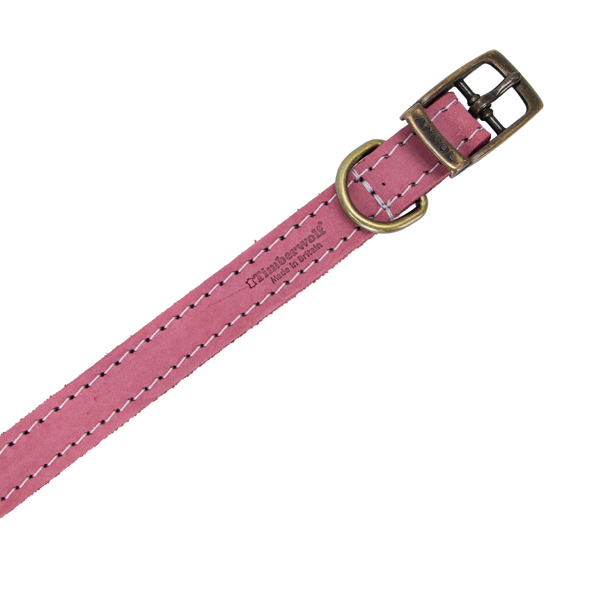 Close-up of the raspberry Timberwolf strap showing the buckle and stitching down both sides