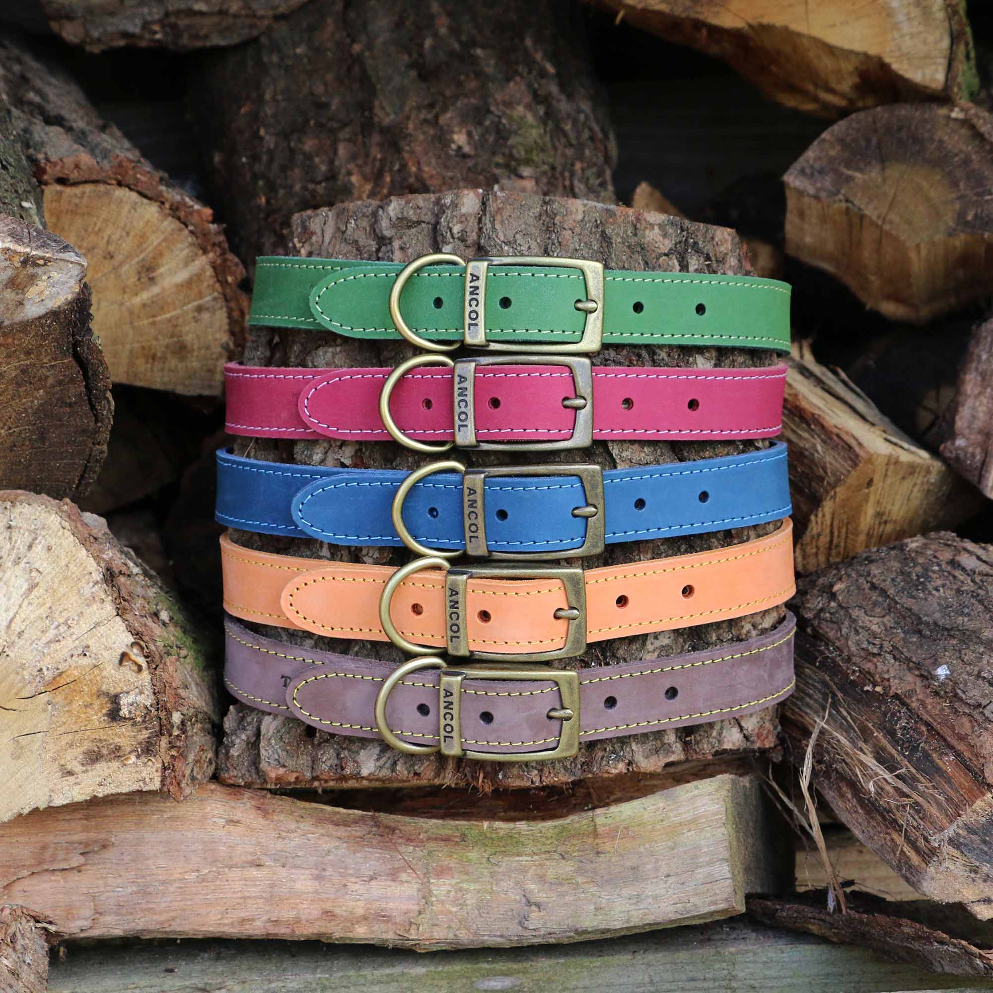 Timberwolf collars in green, raspberry, blue, mustard and sable stacked on logs