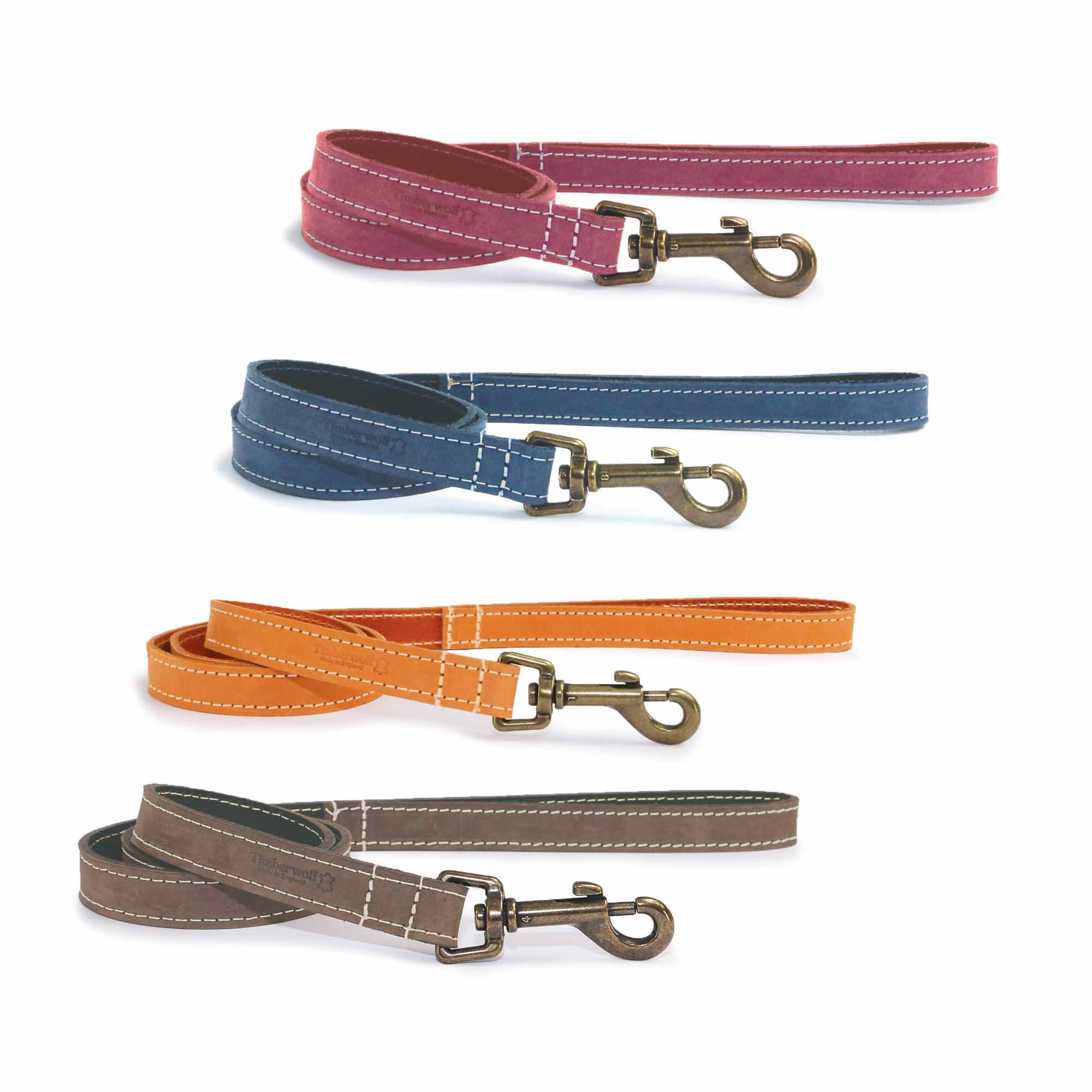 Ancol Timberwolf leather leads in raspberry, blue, mustard and sable