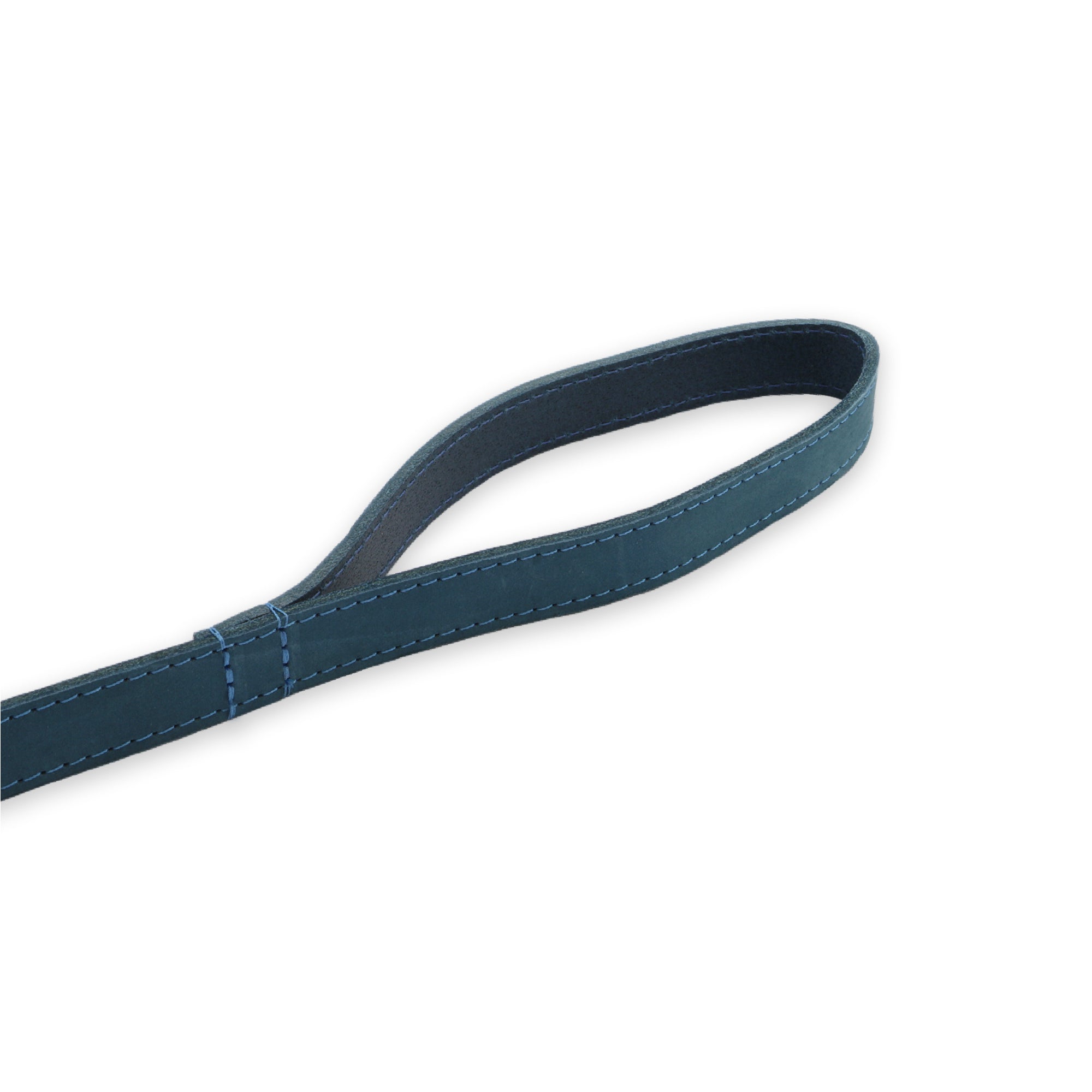 Close-up of the stitched handle loop on the blue Timberwolf lead