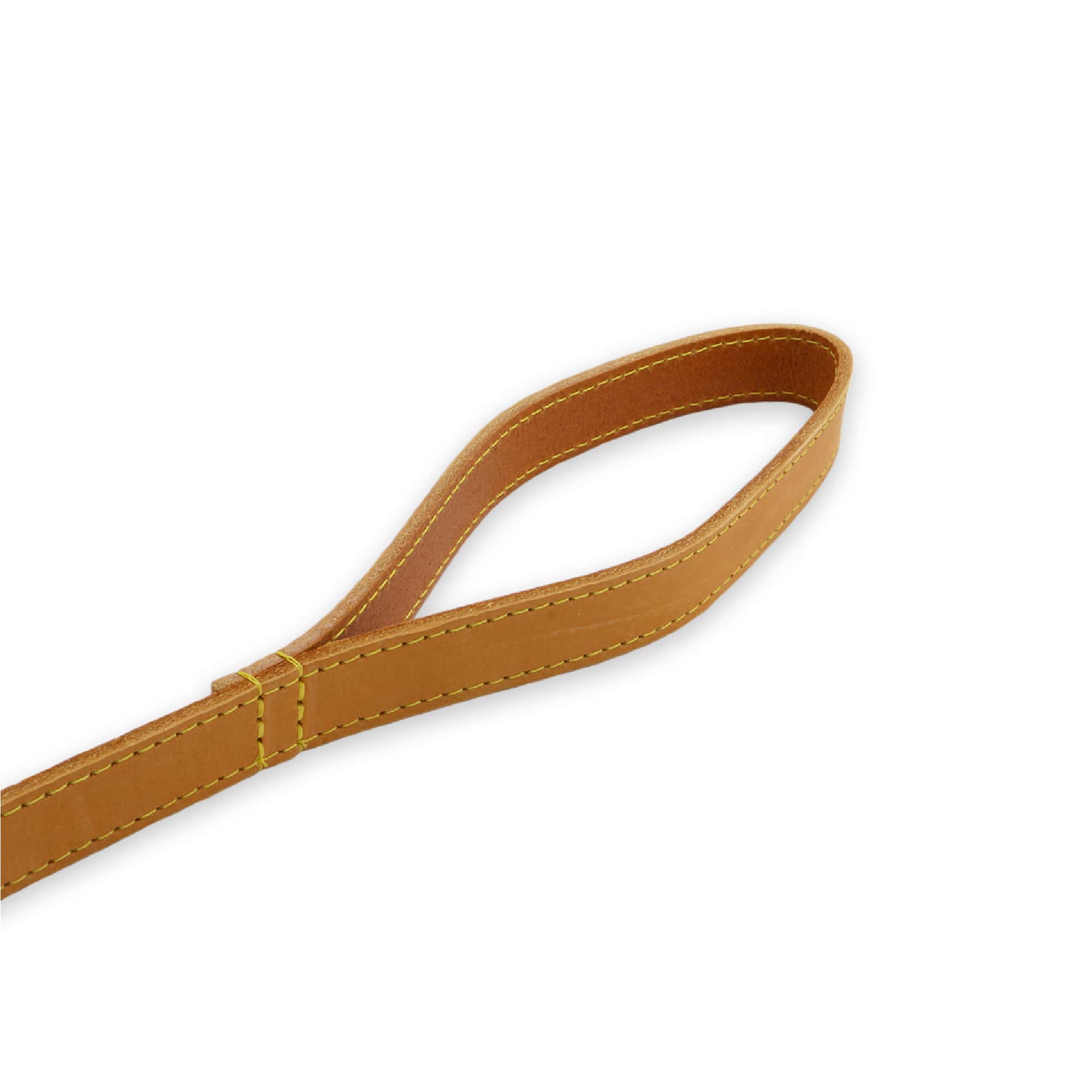 Close-up of the stitched handle loop on the mustard Timberwolf lead