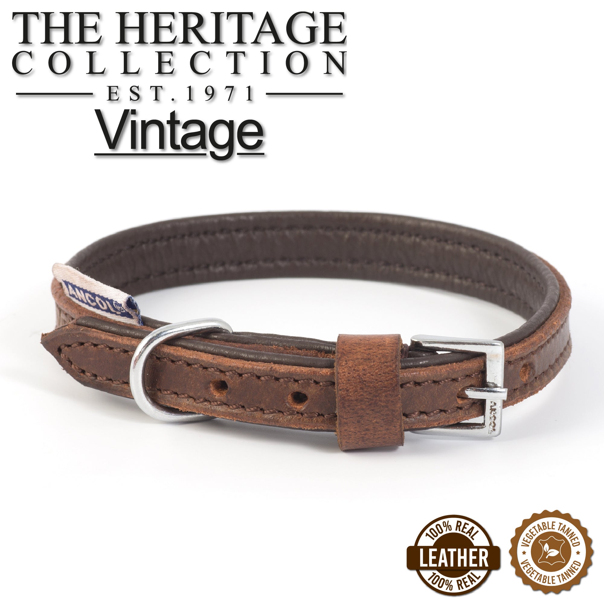 Ancol Heritage Vintage padded leather dog collar in chestnut with a buckle