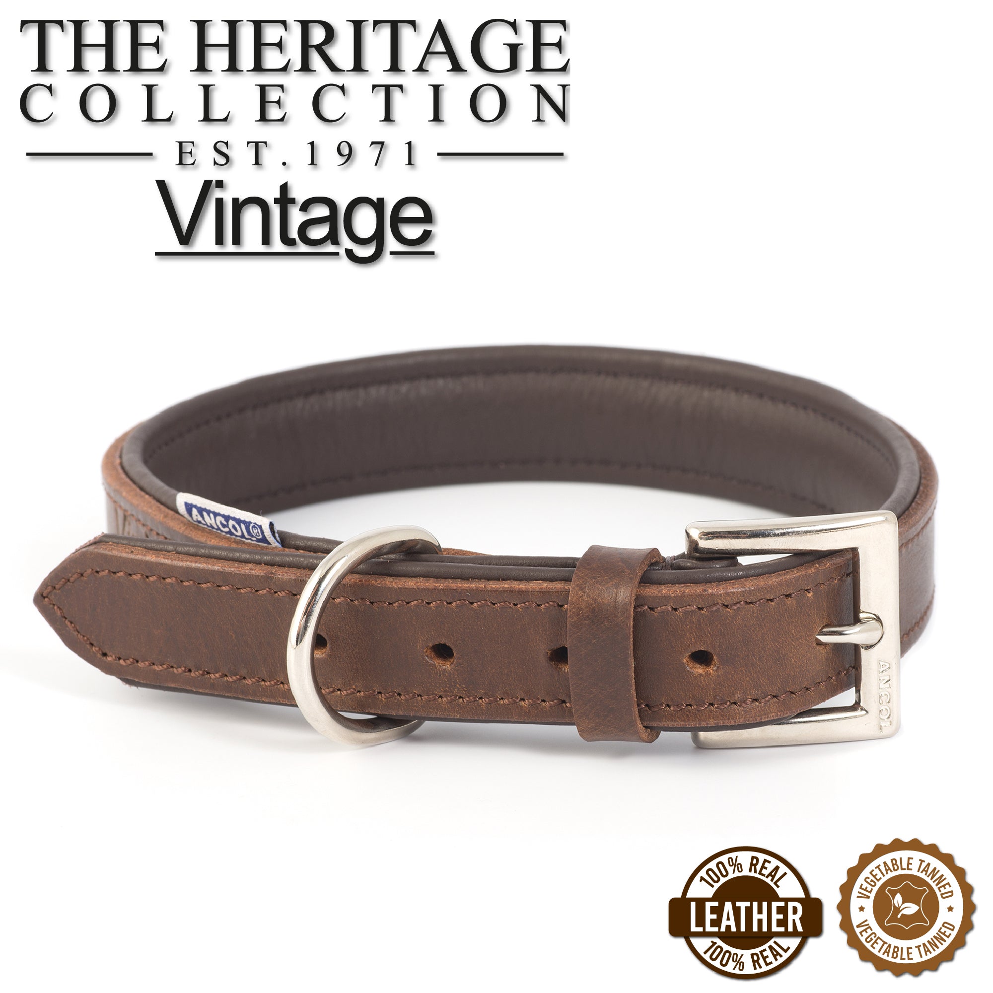 Ancol Heritage Vintage padded collar in chestnut leather, showing the padded lining