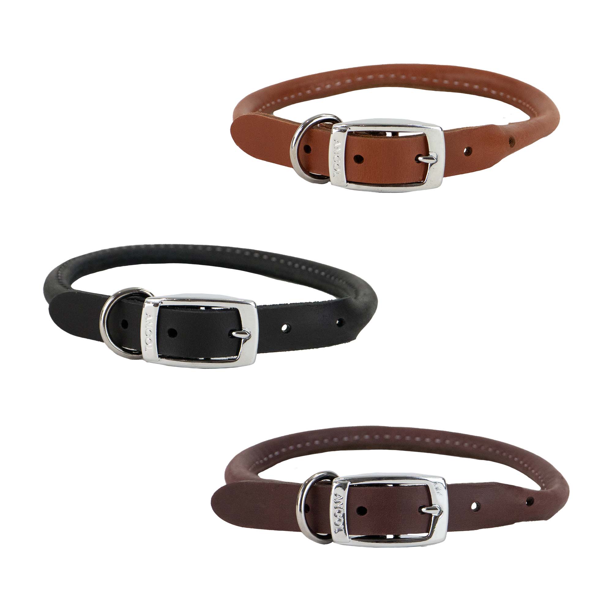 Ancol Heritage rolled leather collars in tan, black and oxblood