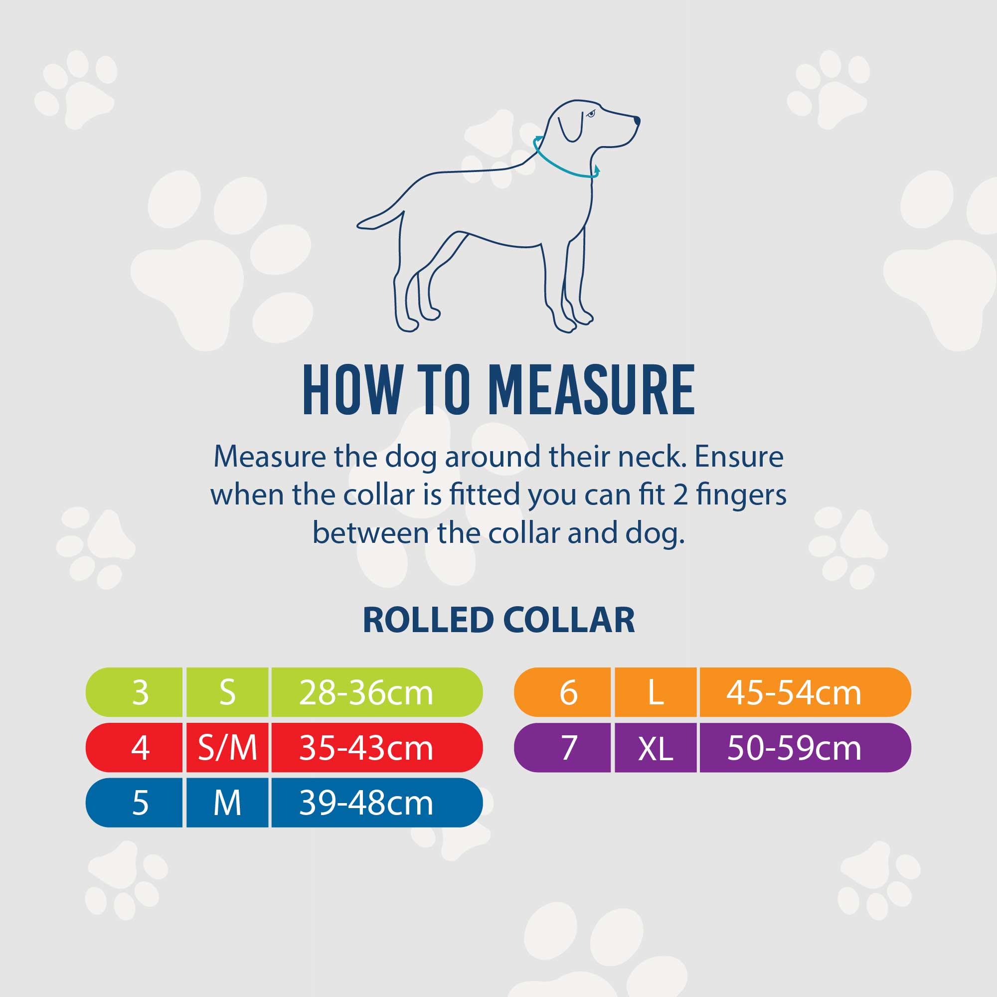 Ancol rolled collar size chart showing size 7 fits necks of 50 to 59cm