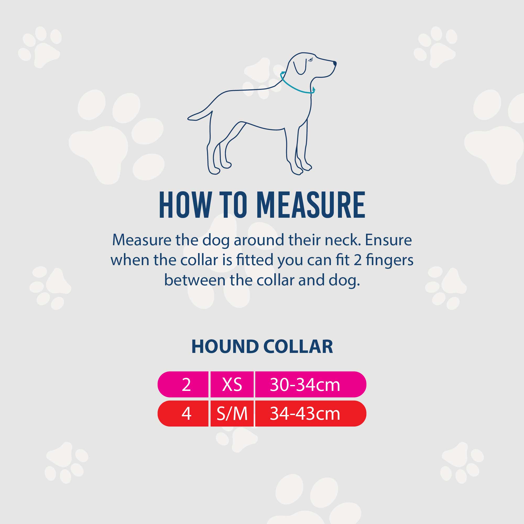 Ancol hound collar size chart: size 2 fits 30 to 34cm and size 4 fits 34 to 43cm