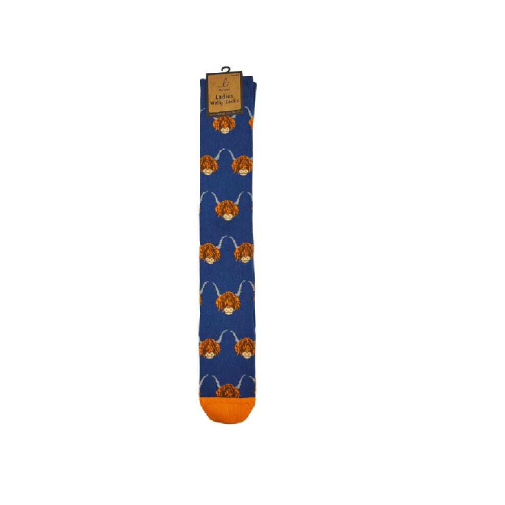 Bartleby Funky Welly Socks – Highland Cow, Ladies Size 4-7, Cotton Rich