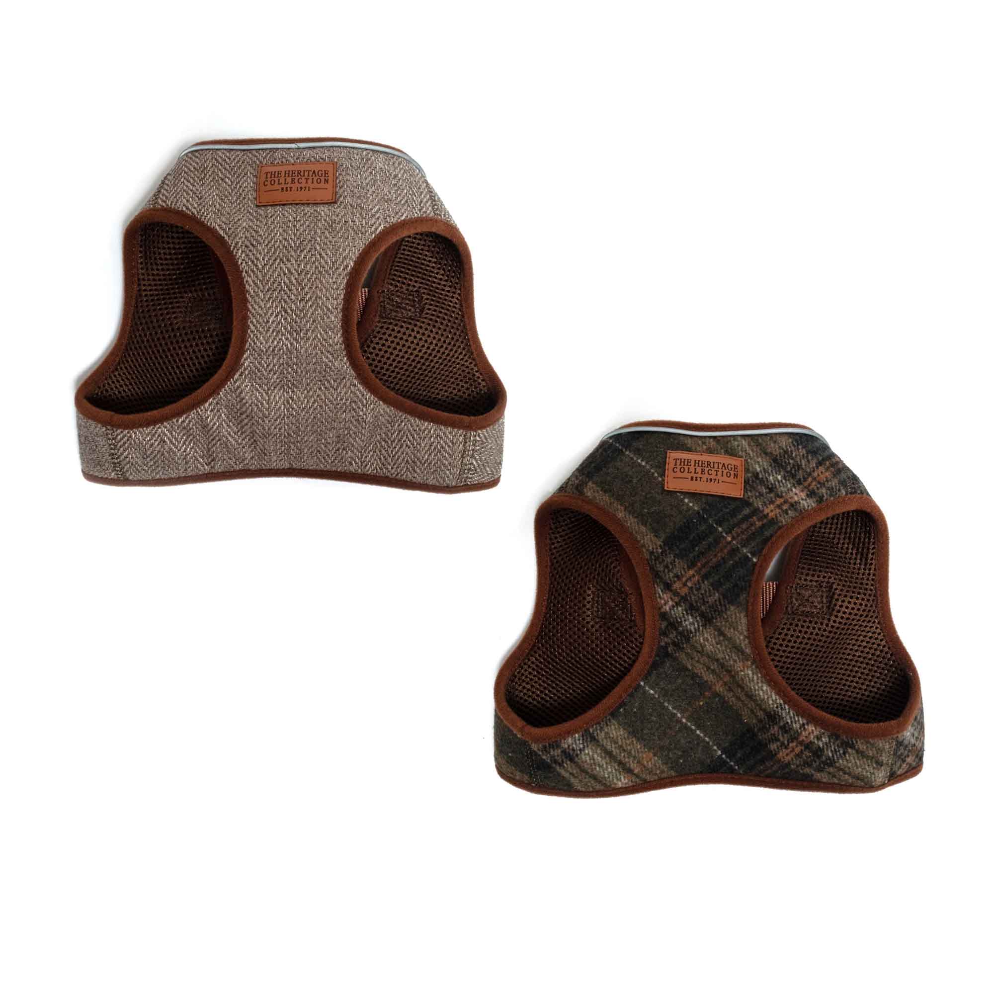 Ancol Heritage step-in harnesses in taupe herringbone and green check