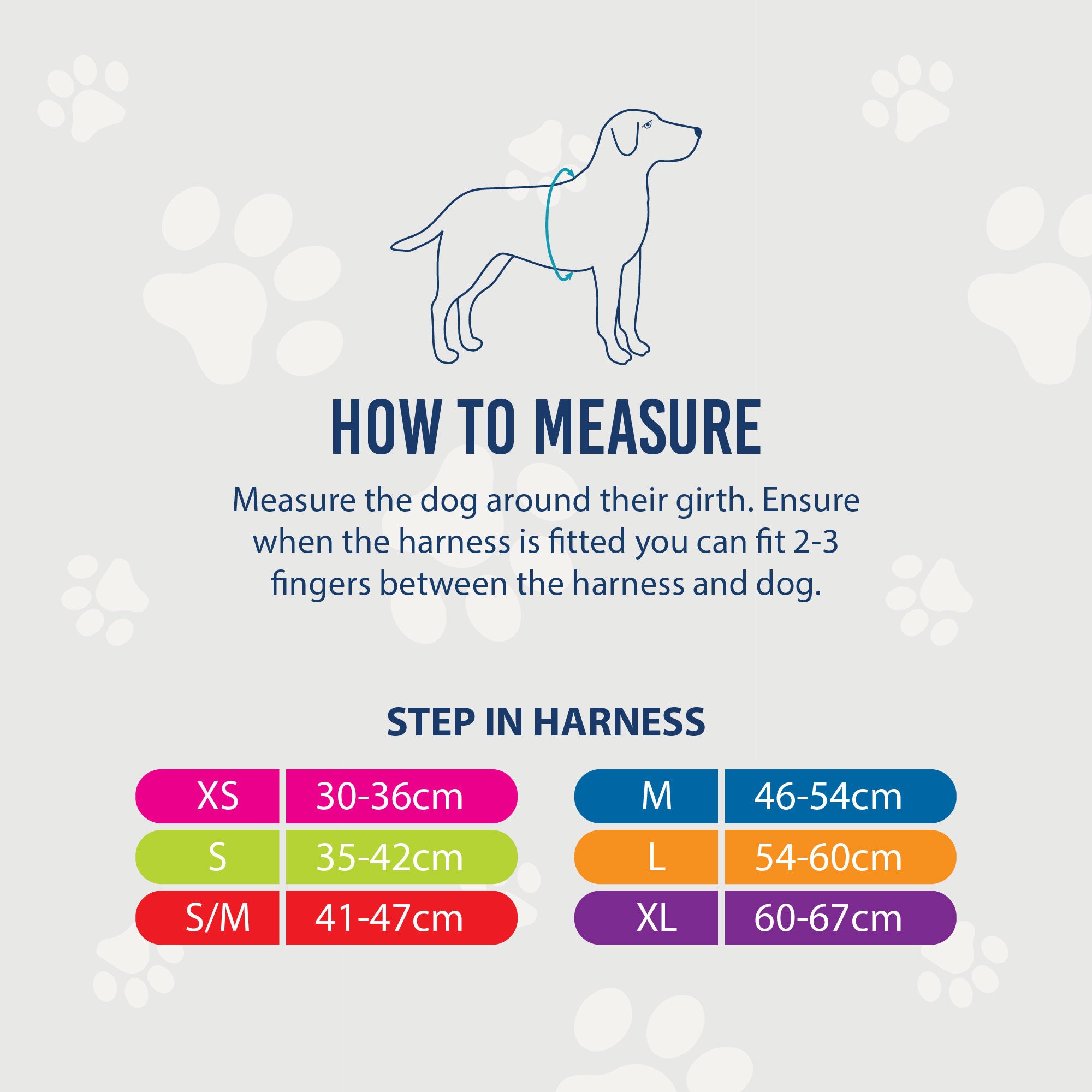 Ancol step-in harness size chart, with medium fitting a 46 to 54cm girth