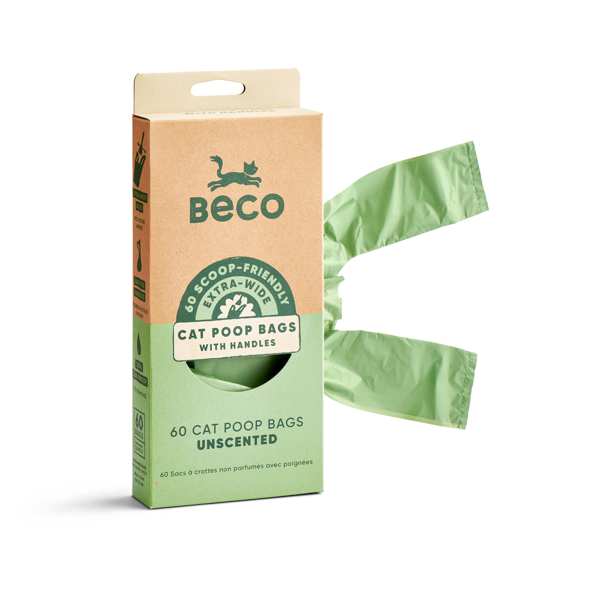 Beco Cat Poop Bags – Unscented, 60 Extra-Wide Litter Bags