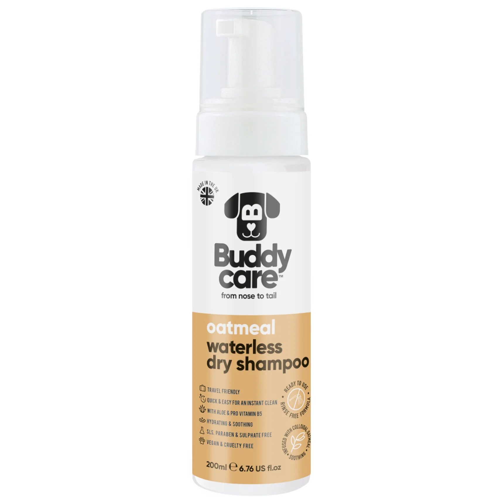 Buddycare Waterless Dog Shampoo – Oatmeal, 200ml