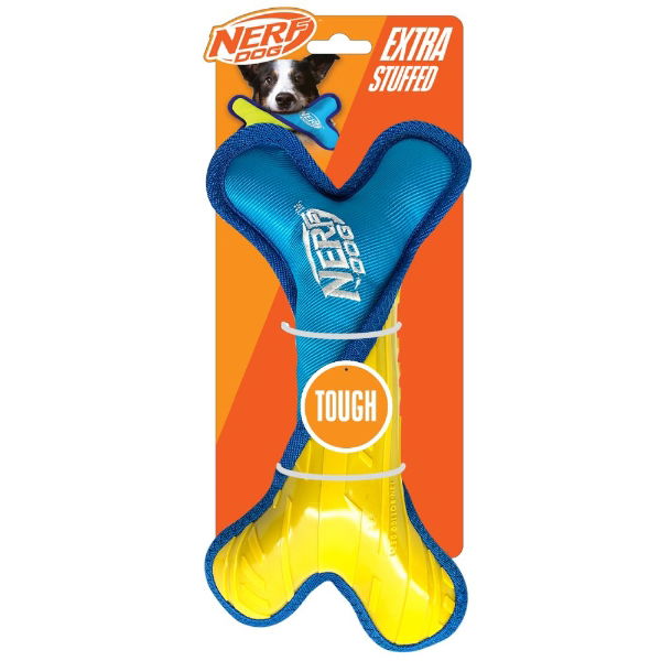 Nerf Dog Tuff Nylon Plush Bone Poly-Filled dog toy, 11 inch, light blue and yellow