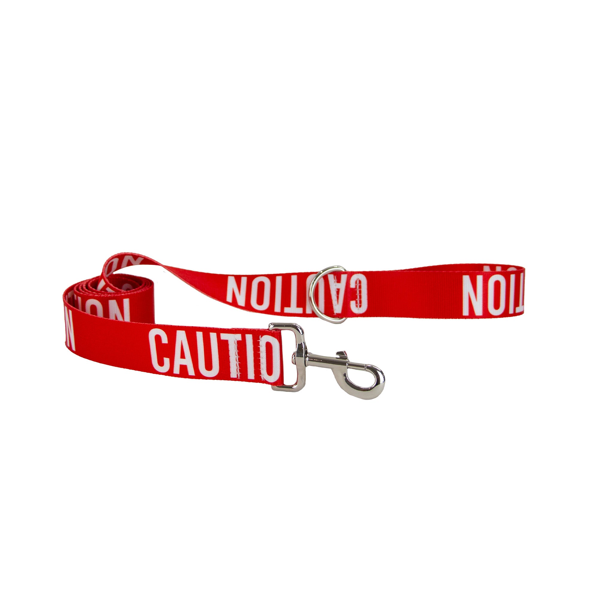 Red Ancol awareness lead printed CAUTION, coiled with its trigger hook