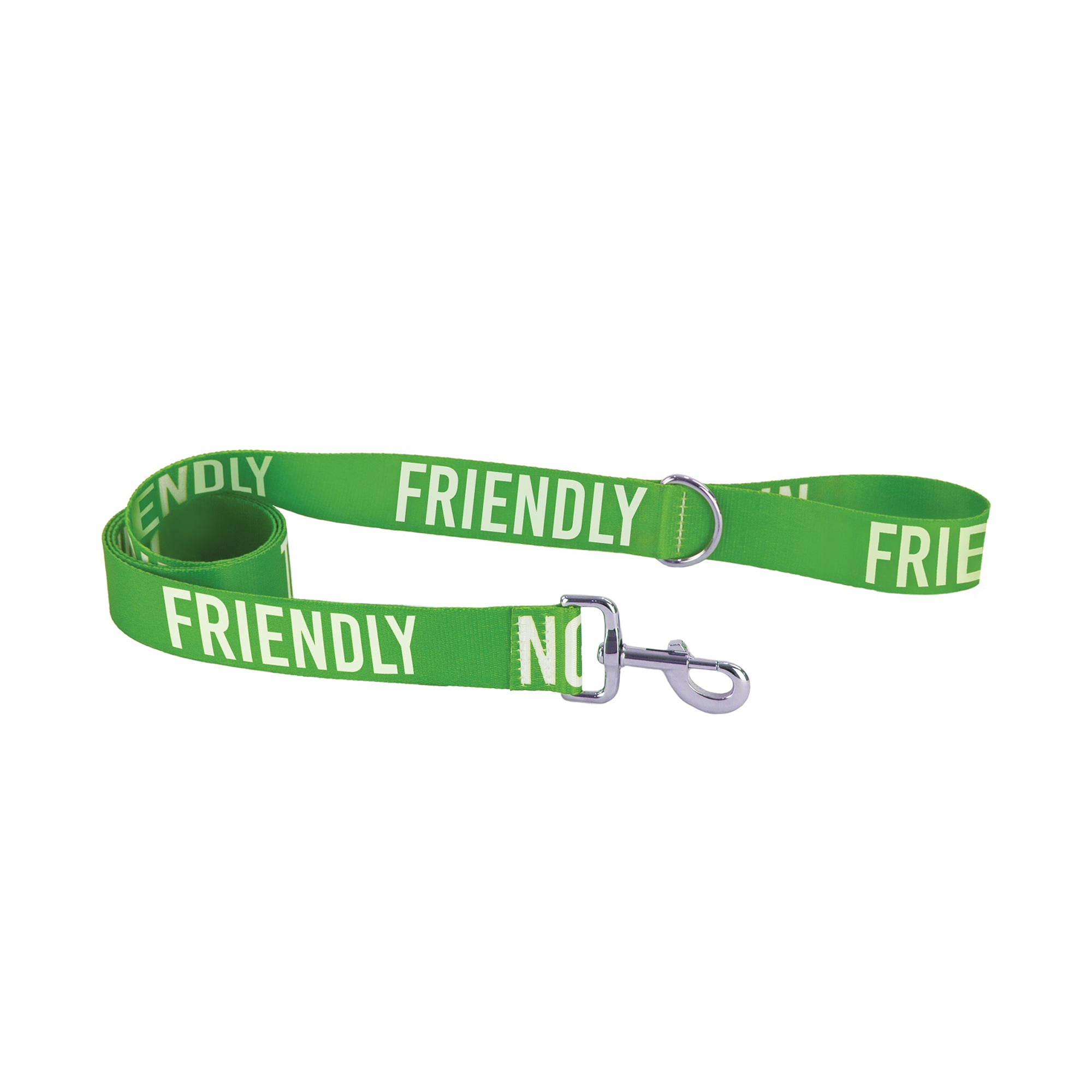 Green Ancol awareness lead printed FRIENDLY, coiled with its trigger hook