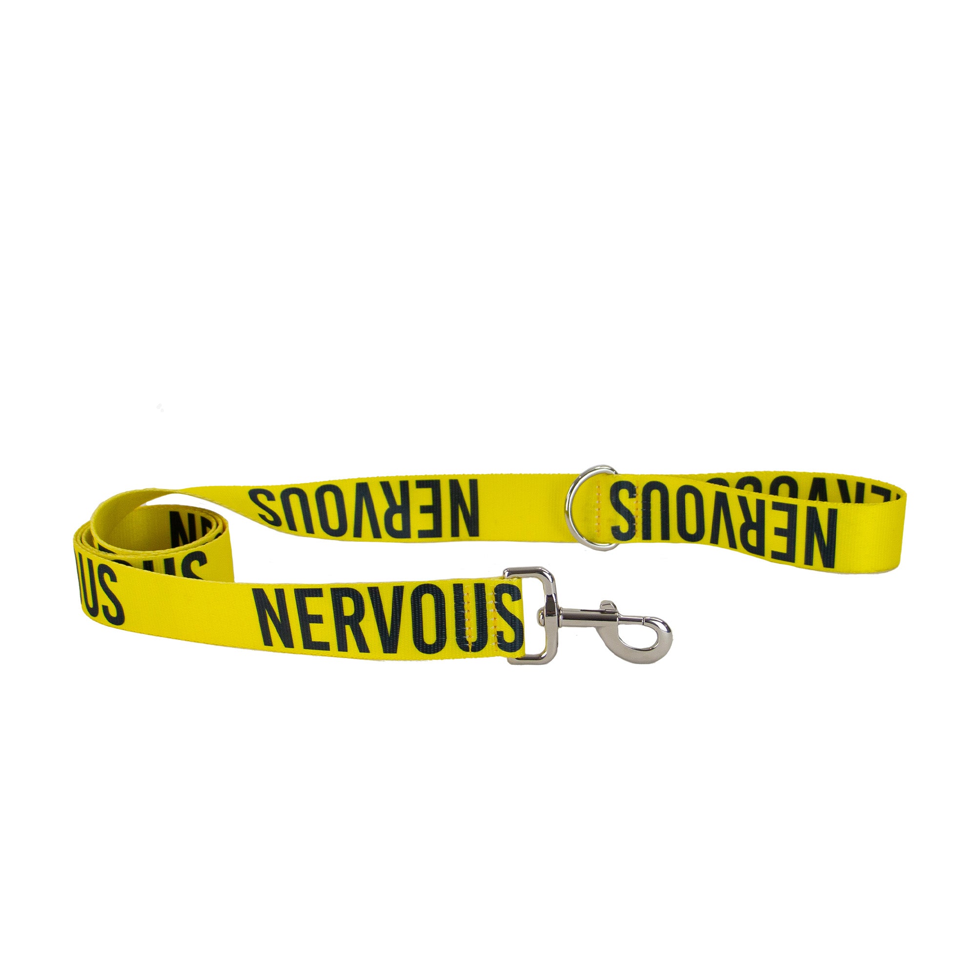 Yellow Ancol awareness lead printed NERVOUS, coiled with its trigger hook