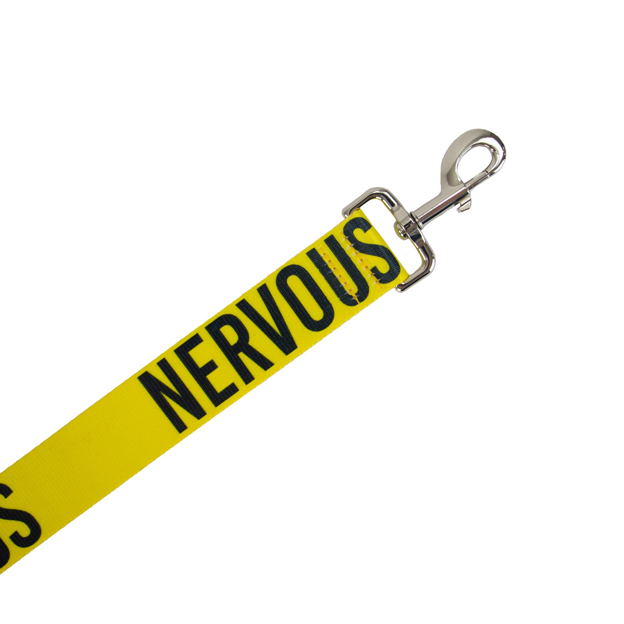 Close-up of the NERVOUS lettering and trigger hook on the yellow 40mm lead