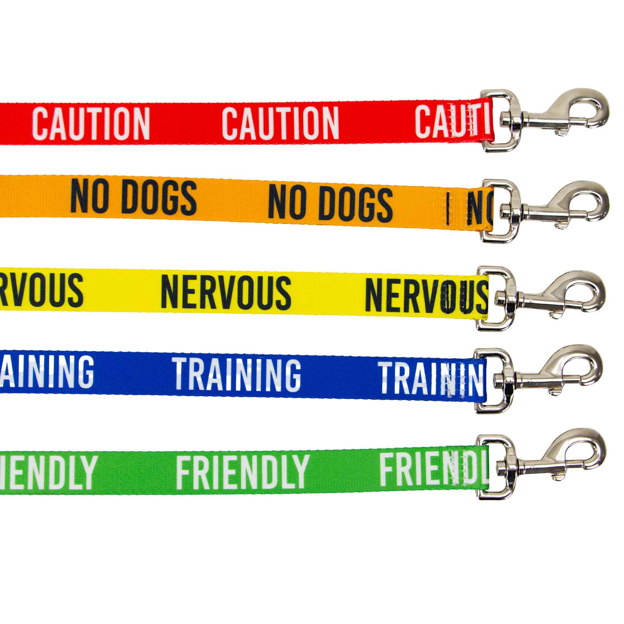 Ancol 40mm awareness leads in red CAUTION, orange NO DOGS, yellow NERVOUS, blue TRAINING and green FRIENDLY