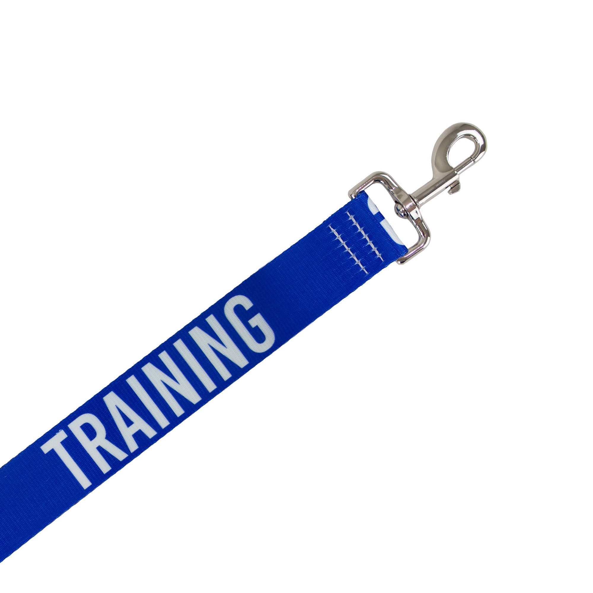 Close-up of the TRAINING lettering and trigger hook on the blue 40mm lead
