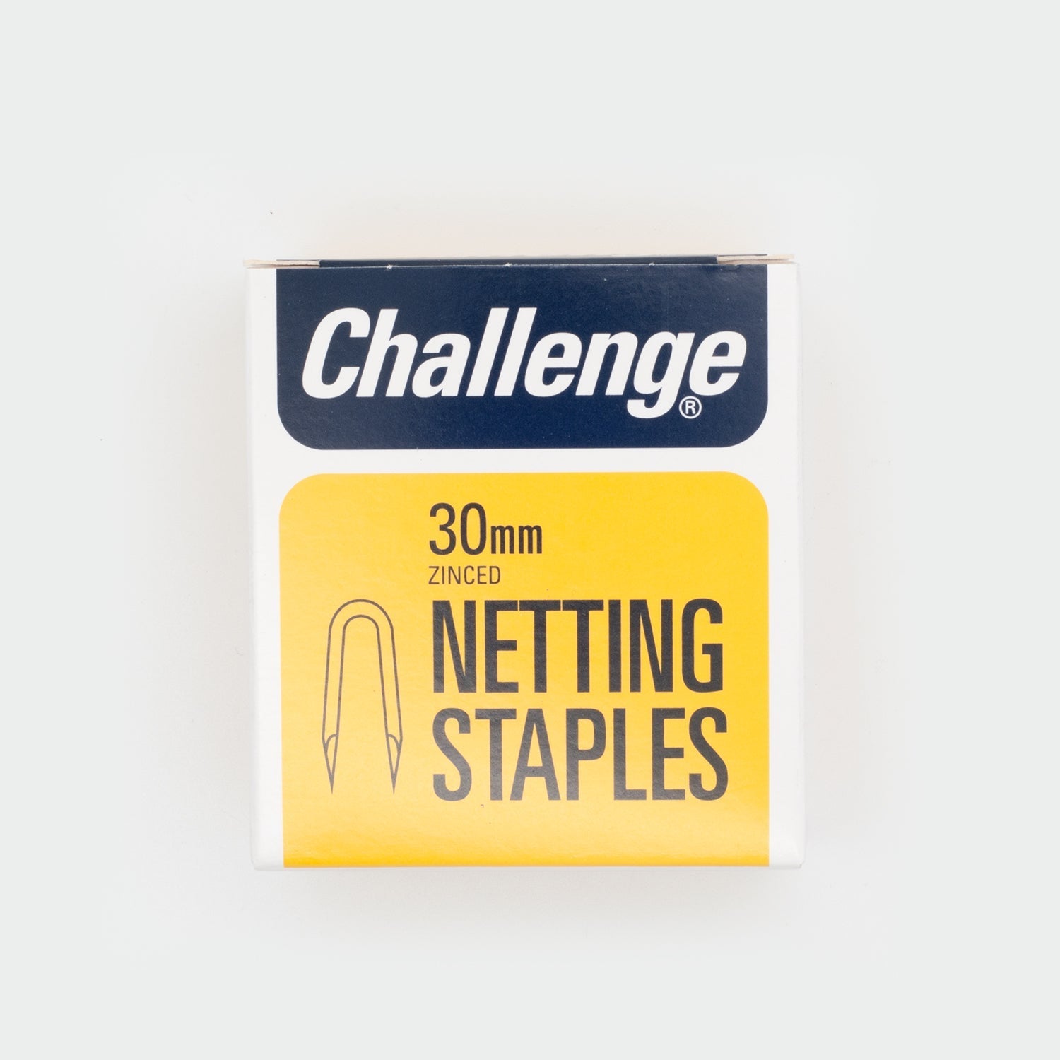 Challenge 30mm zinced netting staples, front of the 225g box
