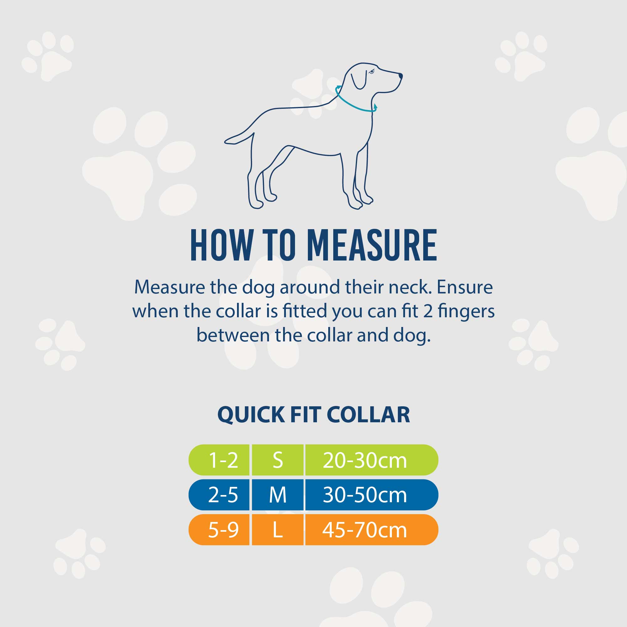 Ancol quick-fit collar size chart: small 20-30cm, medium 30-50cm, large 45-70cm