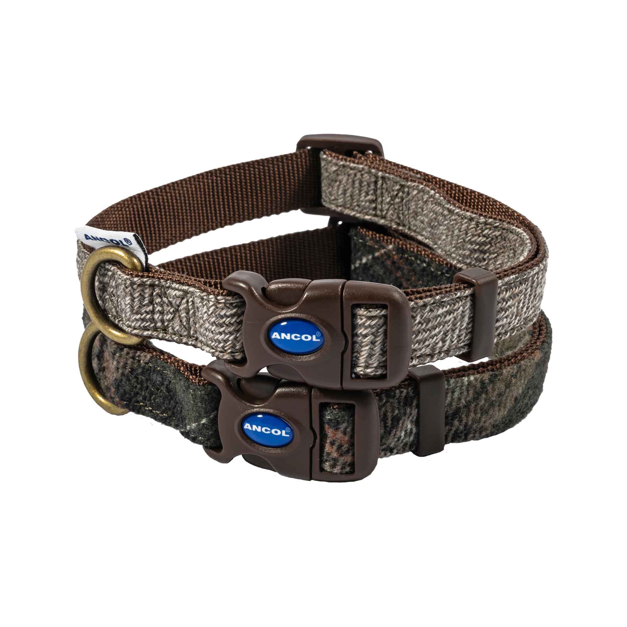 Ancol Heritage adjustable collars in taupe herringbone and green check