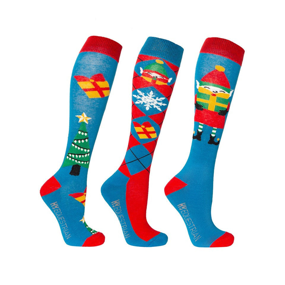 Hy Equestrian Novelty Printed Socks – 3 Pack, Winter Blue/Festive Red, Adult 4-8