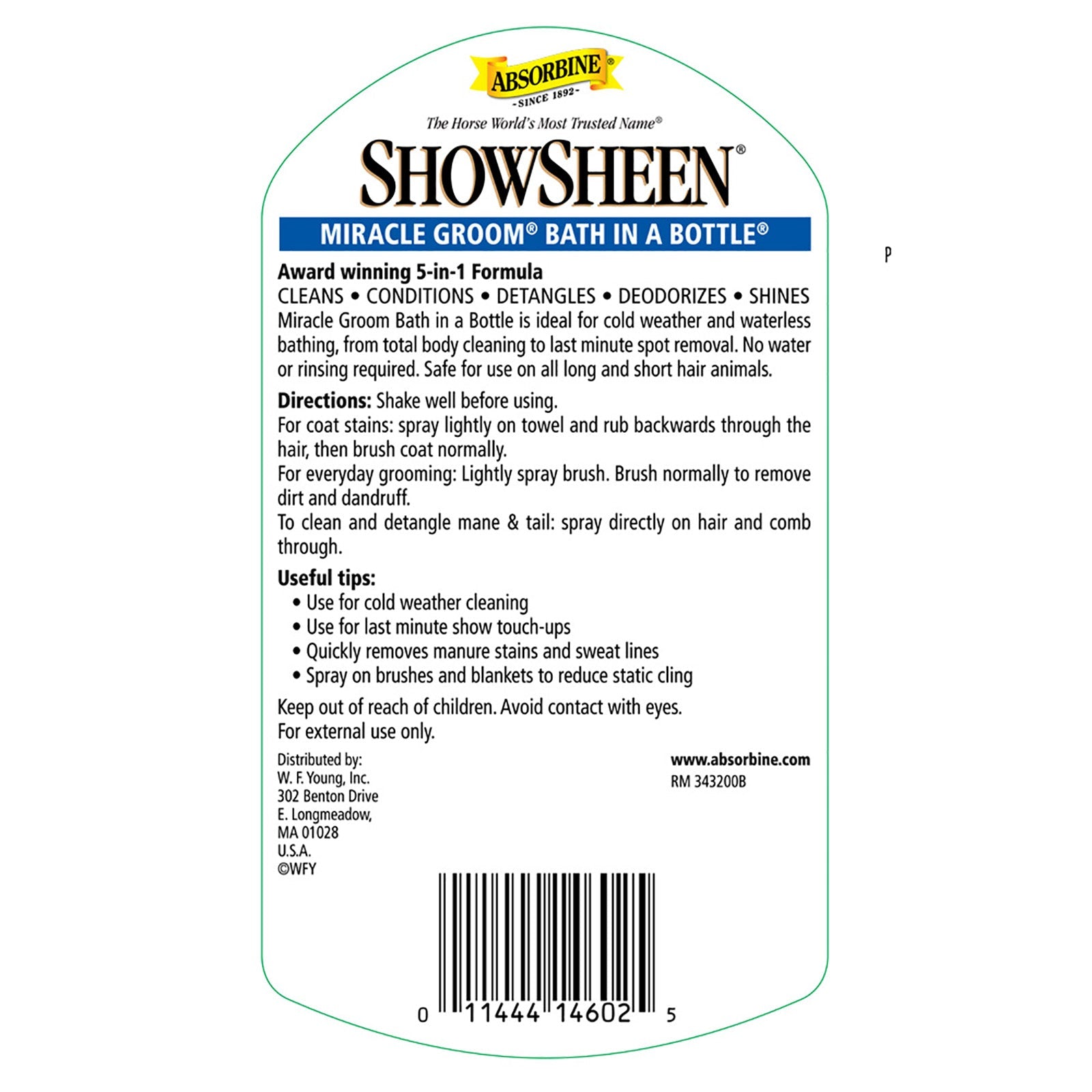 Absorbine ShowSheen Miracle Groom – 946ml Waterless Wash for Horses