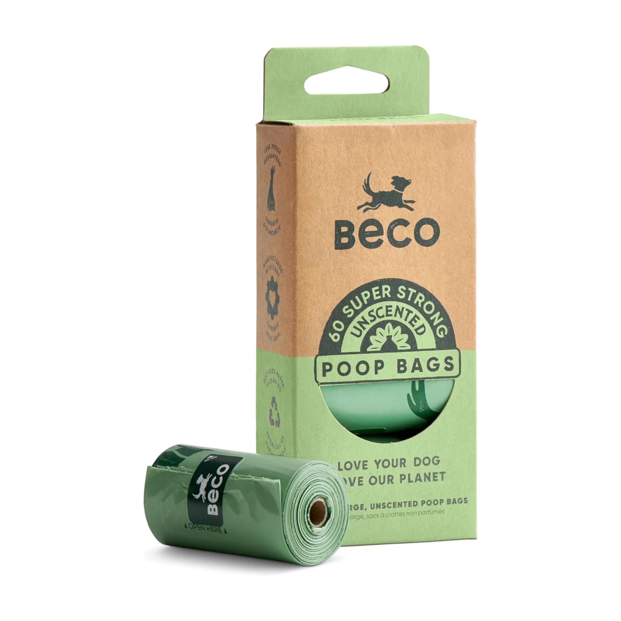 Beco Dog Poop Bags Rolls – Strong, Leakproof & Eco-Friendly (60 Bags / 4 Rolls)