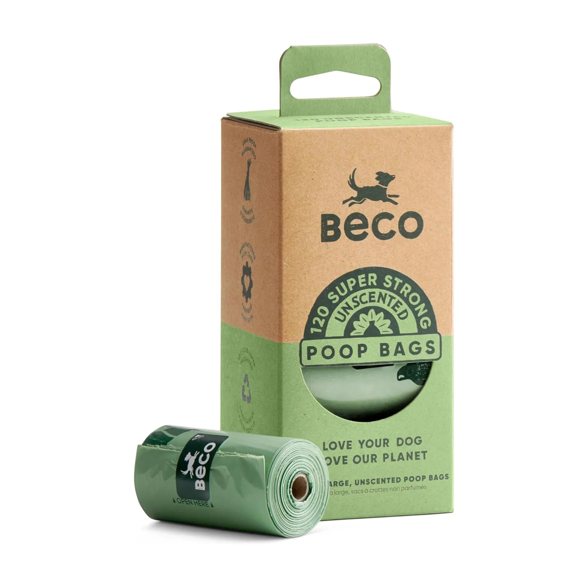 Beco Dog Poop Bags Rolls - Strong & Large - 120 Bags (8 Rolls of 15) Unscented, Dispenser Compatible for Dog Waste