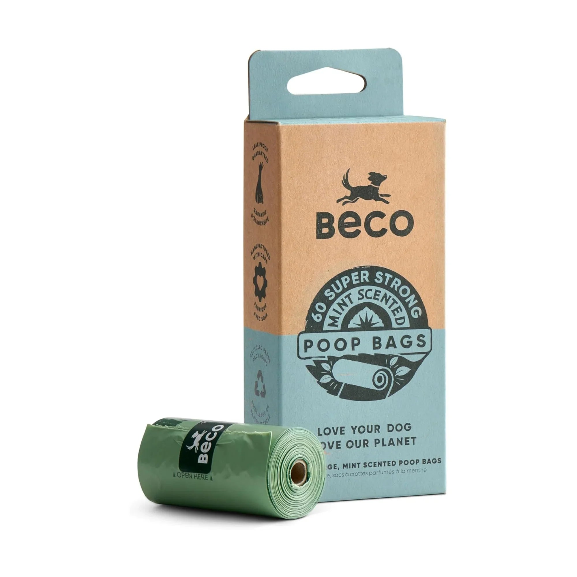Beco Mint Scented Dog Poop Bags Rolls - Strong & Large - 60 Bags (4 Rolls of 15), Dispenser Compatible for Dog Waste
