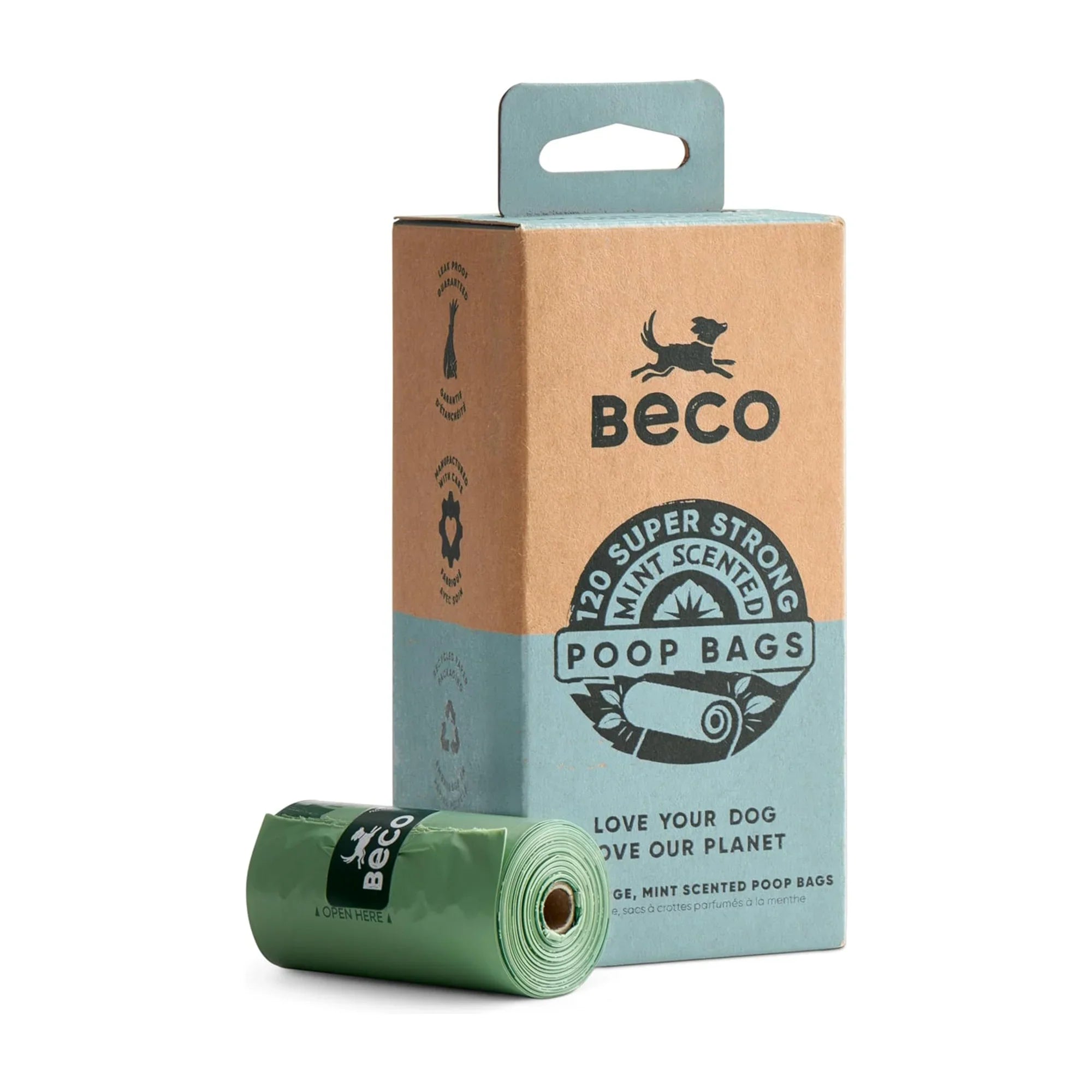 Beco Mint Scented Dog Poop Bags Rolls - Strong & Large - 120 Bags (8 Rolls of 15), Dispenser Compatible for Dog Waste