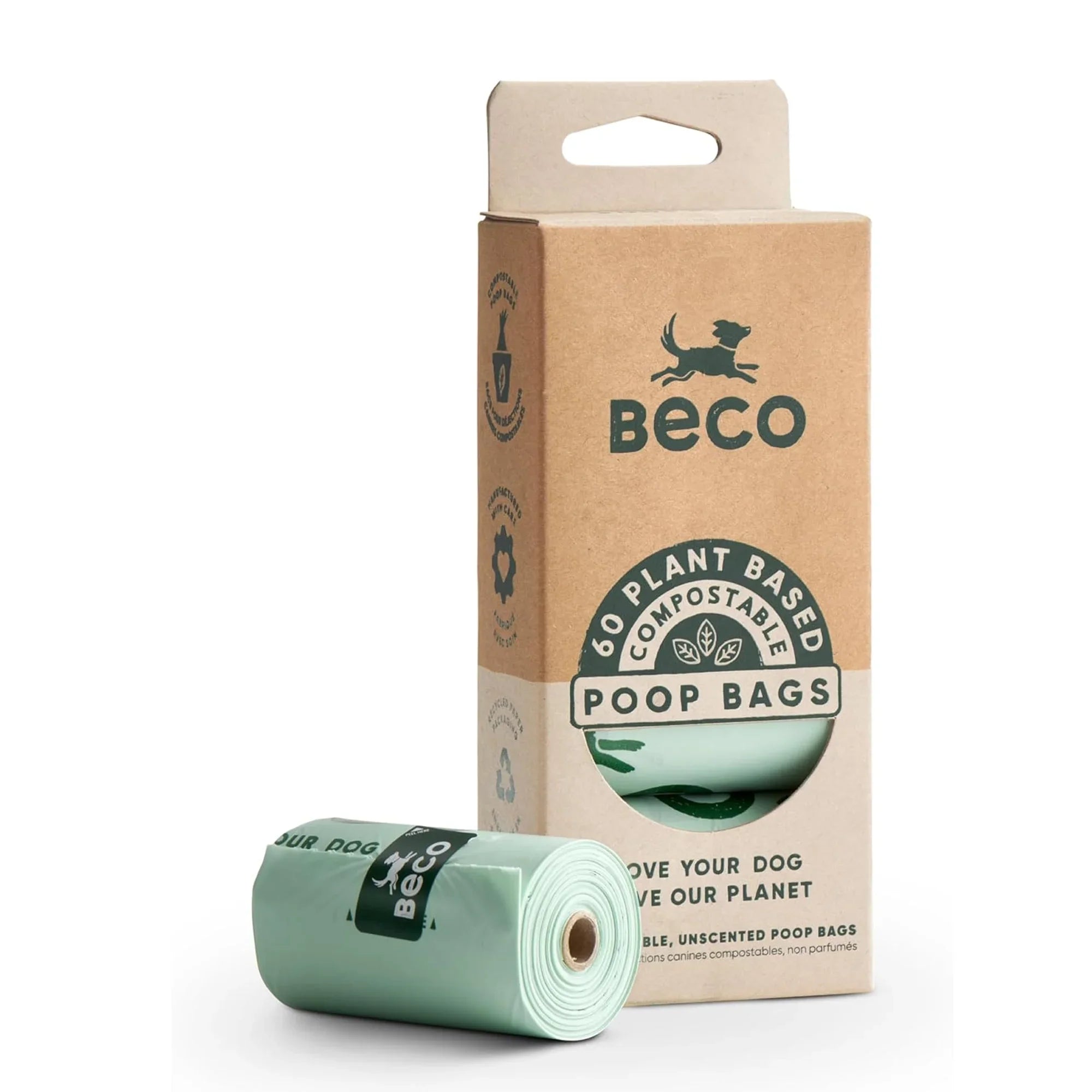 Beco Plant Based Super Strong & Large Poop Bags | Home Compostable & Unscented Dog Poo Bags | 60 Refill Rolls [4 x 15] | Dispenser Compatible